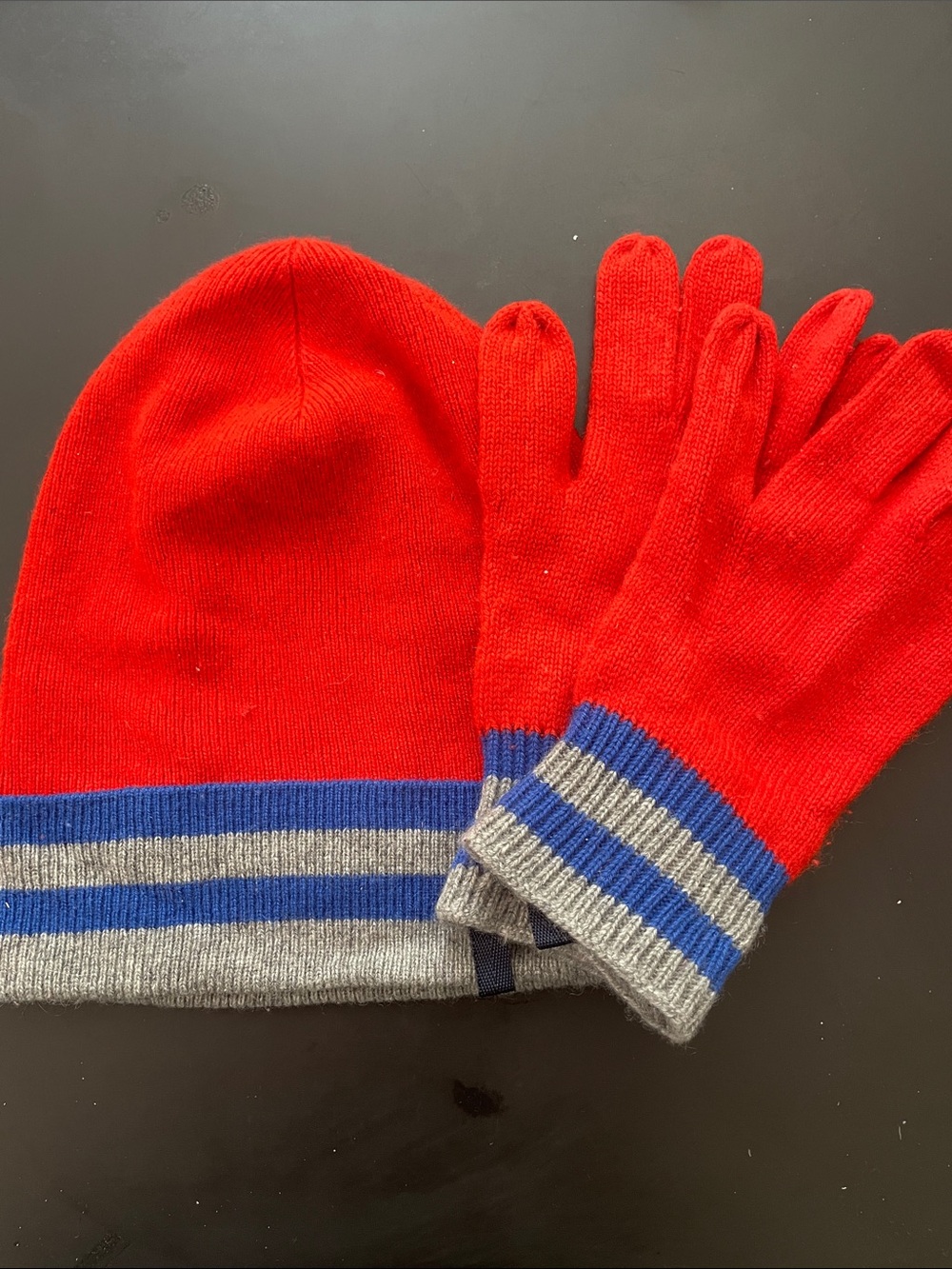 Crewcuts Cashmere Youth Red Knit Hat & Glove Set with Blue and Gray Stripes s